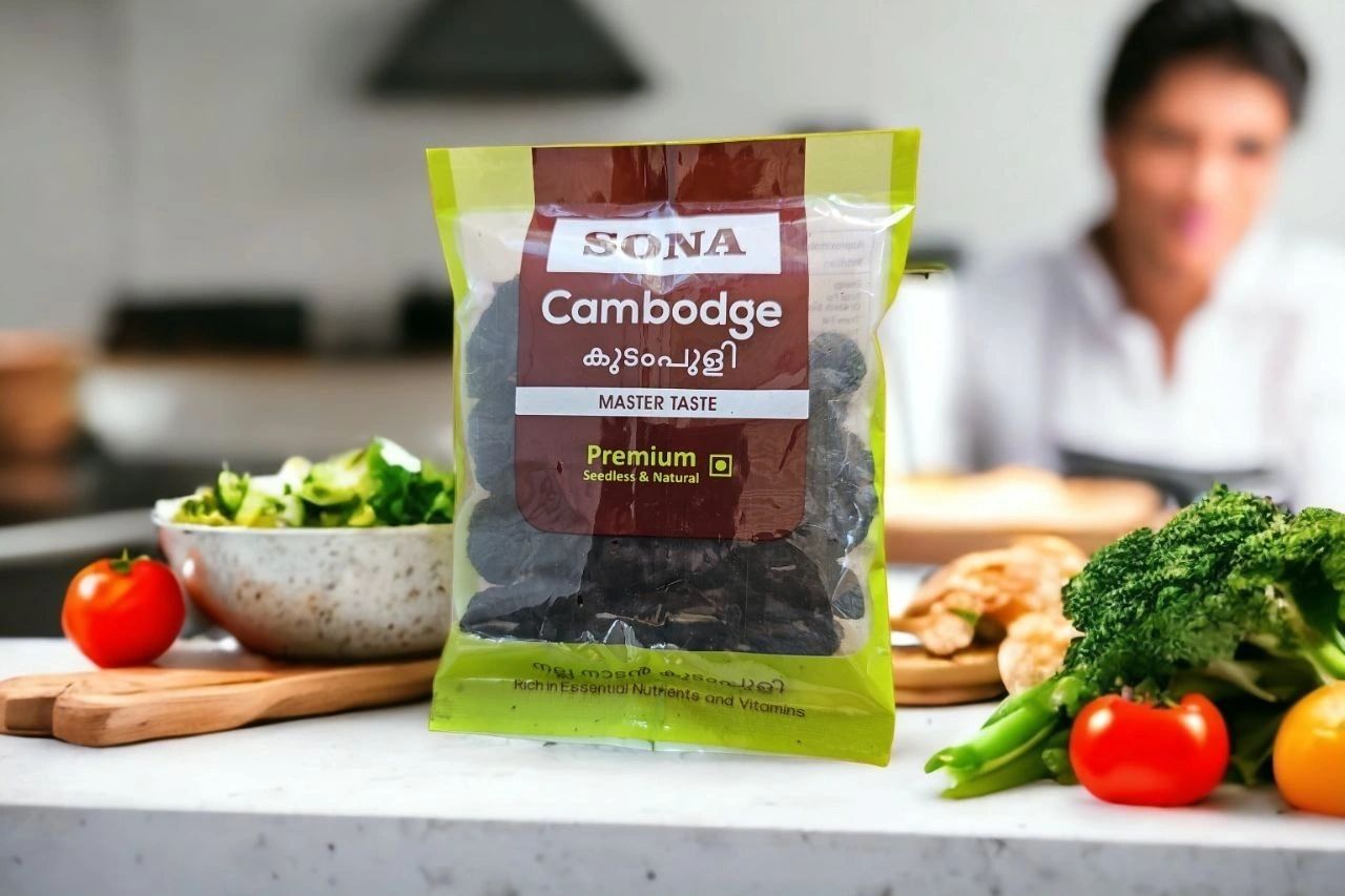 SONA Cambodge kudampuli premium seedless pack on a kitchen counter with fresh vegetables